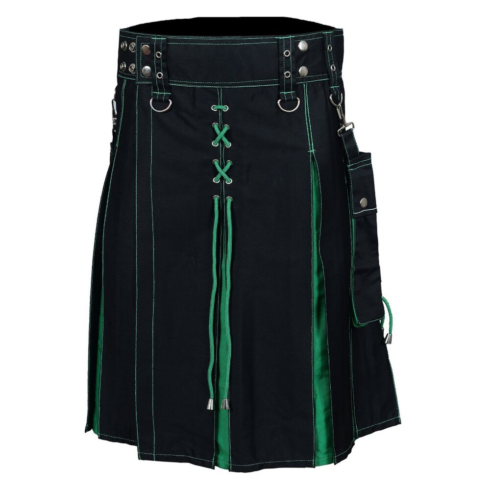 Utility Black Hybrid Kilt Green Pleats and Lacing Highlander Kilt